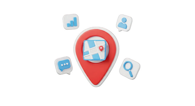 3D Location Pin with Map and Social Media Icons.