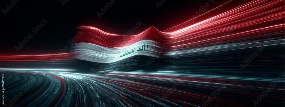 Poster futuristic animated iraq flag with digital glow and waving effect in dark background