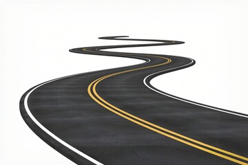  A winding asphalt road with double yellow lines stretches into the distance against a stark white background. 