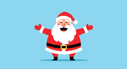 A jolly cartoon illustration of Santa Claus with his arms outstretched in a welcoming gesture on a light blue background.