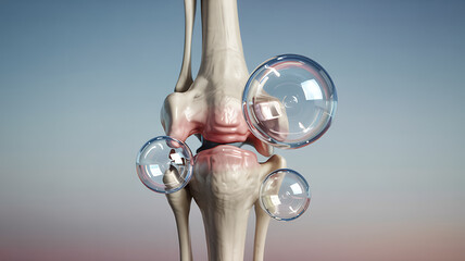 Conceptual image of a knee joint with fluid bubbles, representing swelling or inflammation, on a gradient background medical technology