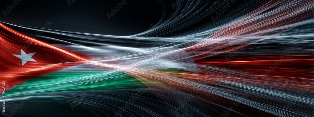 Poster futuristic animated digital representation of jordanian flag with dynamic waves and light effects