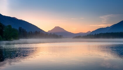 A Serene Sunrise Over Calm Lake Waters Framed By Misty Blue Mountains And Soft Pastel Skies