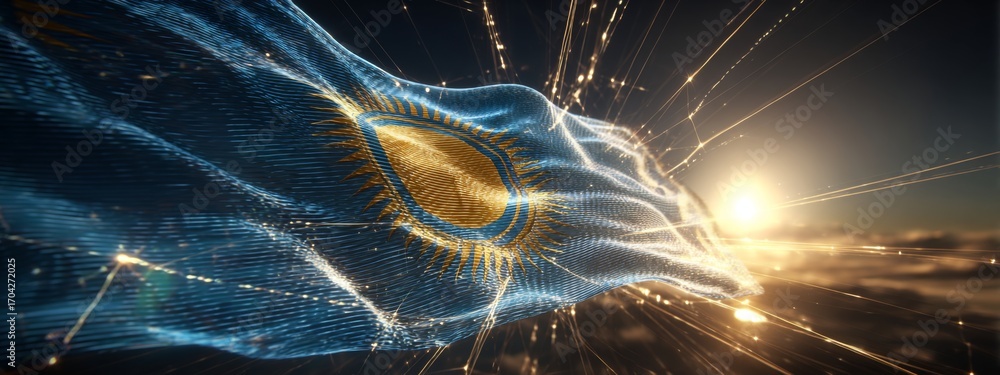 Aufkleber Futuristic Digital Animation of Kazakhstan Flag Waves in Stunning Visual Display with Backlit Effect
