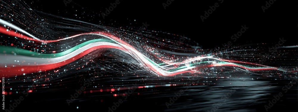 Poster futuristic digital waves of animated kenya flag flowing through a dark background with glowing parti
