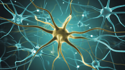Close up of neurons, nerve cells, brain cells, or neural network, with a focus on the central cell medical technology