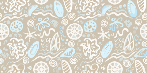 Whimsical hand drawn abstract shapes and swirls seamless pattern in soft pastel colors
