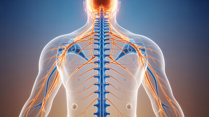 Human anatomy of the back with spinal cord and nerves, 3d illustration of the human body medical technology