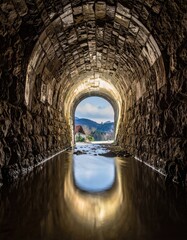 Ancient stone tunnel, light reflecting on water