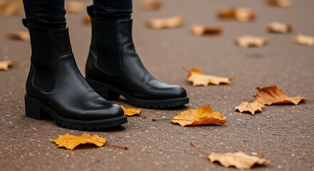Stylish Black Leather Chelsea Boots on Autumn Leaves; Fall Fashion Footwear