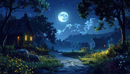 Luminous night scene with rustic cabin