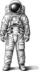 Retro astronaut illustration in spacesuit, detailed space explorer artwork, black and white ink drawing, vintage sci-fi space suit art