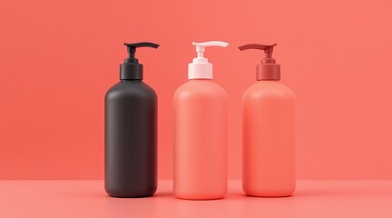 Three pump bottles in black and peach tones stand side by side against a matching peach background, creating a minimalist aesthetic