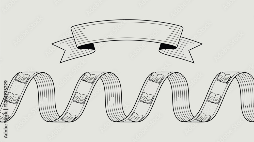 Poster a ribbon with book icons in a wavy pattern and a blank banner above it on a light gray background