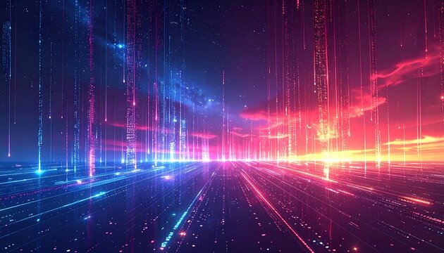 Futuristic digital landscape with vibrant colors and glowing lines