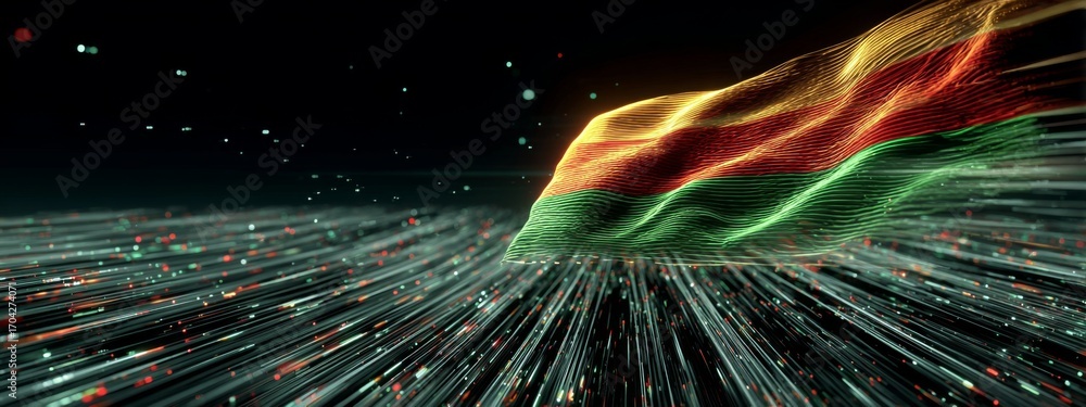 Aufkleber futuristic digital animation of myanmar flag waves with dynamic color trails in a modern abstract st