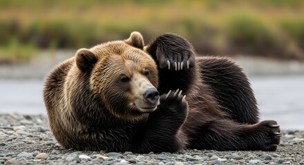 Large grizzly bear reclining on a rocky riverbank, playfully holding and chewing its paw with textured fur and expressive face, shallow depth-of-field capturing foreground pebbles and soft blurred bac