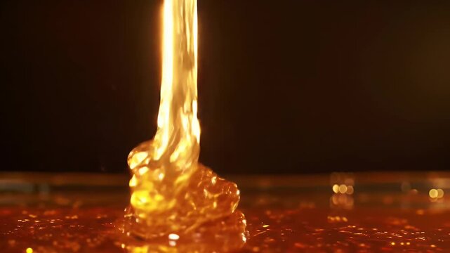 Amber liquid cascade in slow motion, showing viscosity and texture, golden honey-like substance in