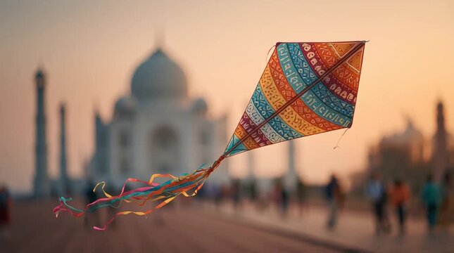 Colorful Kite Flying by Taj Mahal at Sunrise