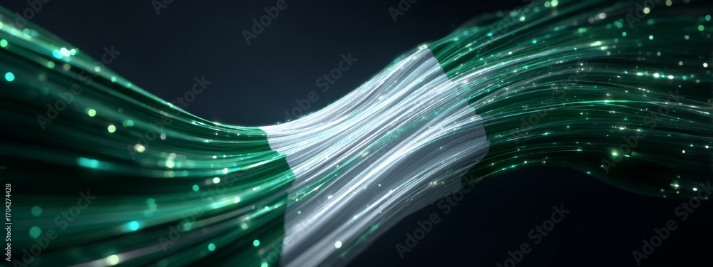 Poster futuristic digital animation of nigerian flag waves with sparkling lights and fluid motion in a dark