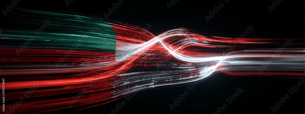 Poster futuristic digital animation of oman flag waves with glowing effects in abstract style