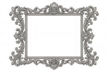 Elegant silver frame with ornate baroque decorations, perfect for adding a touch of vintage style to any design on a transparent background
