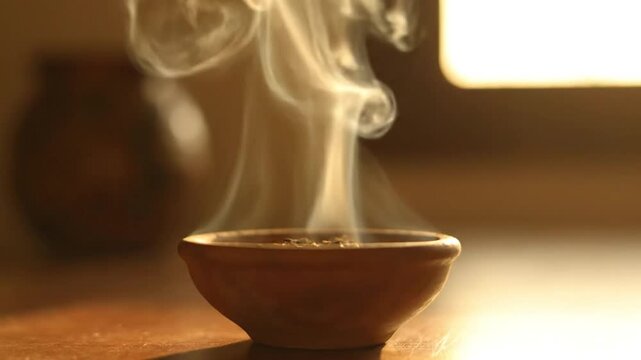 Close-up shot of a small, clay bowl with fragrant steam rising from its contents, creating a serene and aromatic atmosphere