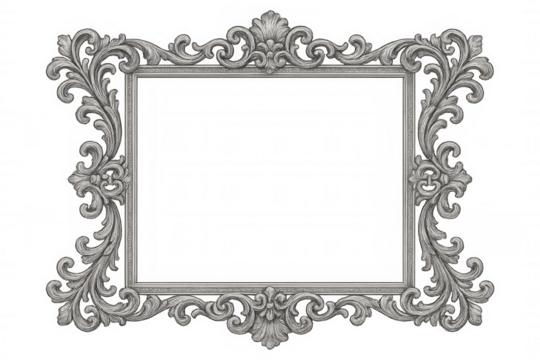 Elegant silver frame with ornate baroque decorations, perfect for adding a touch of vintage style to any design on a transparent background