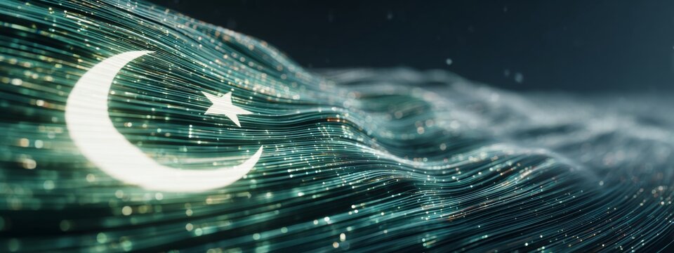 Futuristic Digital Animation of Pakistan Flag Waves with Glowing Effects in a Cosmic Environment