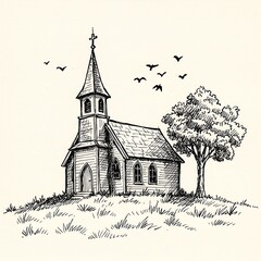 A hand-drawn sketch of a small rural church on a grassy hill with a solitary tree.
