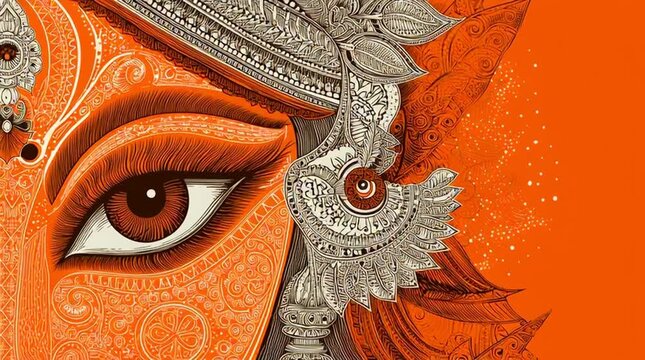 Goddess Durga Eye with Ornate Silver Crown on Saffron Background