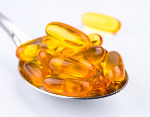Omega-3 Fish Oil Capsules on Spoon, Nutritional Supplements Close-Up
