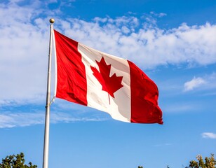 Canadian flag waving in a clear blue sky
