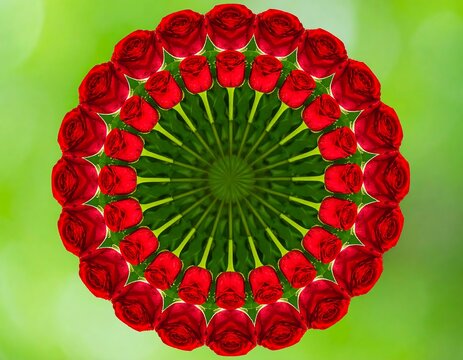 Circular pattern of red roses on a green background