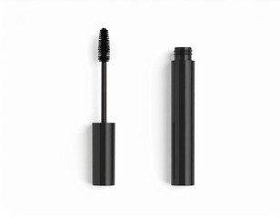 Open Black Mascara Tube and Wand on White Background, Beauty Product