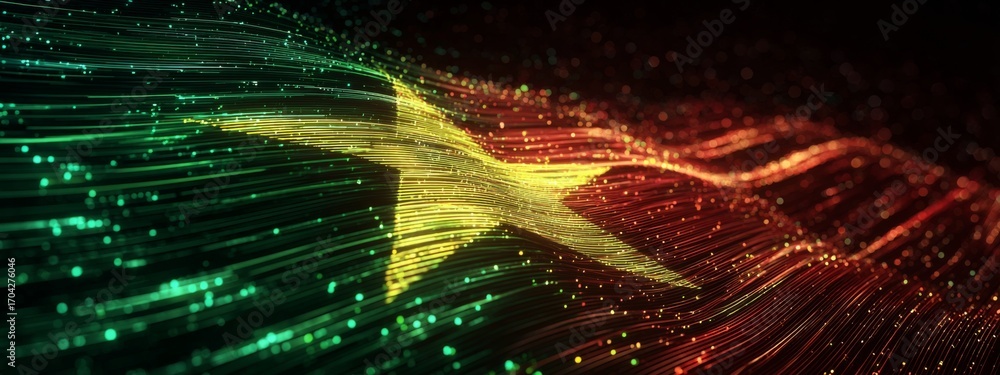 Poster futuristic digital animation of waving flag of senegal with glittering particles on a dark backgroun