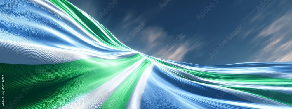 Poster digital animation of sierra leone flag waves in futuristic style with artistic flow and bright color