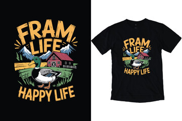 Fram Life Happy Life Duck Retro Adventure Vector Illustration T-shirt design. abstract animal and fram tshirt creative design for print on black color.