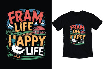 Fram Life Happy Life Duck Retro Adventure Vector Illustration T-shirt design. abstract animal and fram tshirt creative design for print on black color.