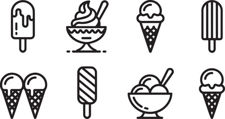 Set of eight black and white ice cream and dessert icons, minimalist, food, sweet, treat, vector illustrations, dessert menu.