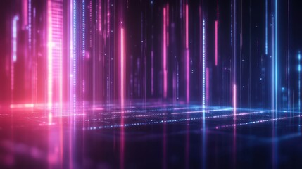 A vibrant digital landscape with illuminated lines and glowing elements in pink and blue, suggesting a futuristic, tech-inspired environment.