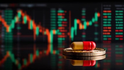 Market trends impact on pharmaceutical investments financial sector infographic digital environment aerial view economic analysis