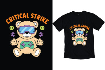 Cute Gamer Bear Critical Gaming Illustration T-shirt Vector design.