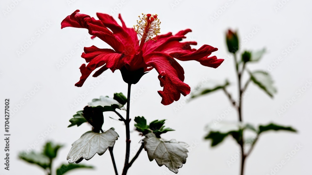 Poster macro shot capturing hibiscus sabdariffa calyx in vibrant deep red against a clean white background 