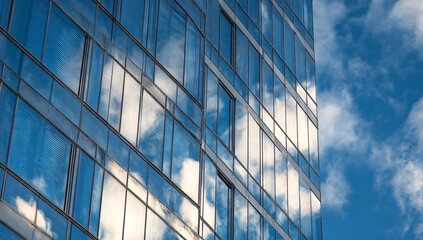 Obraz premium Glass Facade of Office Building Reflecting Clouds in Bright Sunlight Against Blue Sky Background