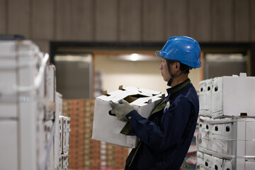 冷蔵倉庫内で作業をする男性