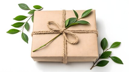 Gift box wrapped in brown paper with twine and leaves