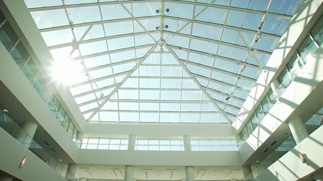 Modern White Atrium Building Interior With Glass Skylight And Geometric Design