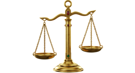 golden scales of justice with intricate details on transparent background