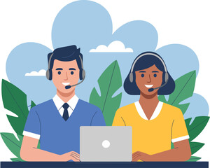 Diverse customer service agents with headsets and laptop assisting customers professionally